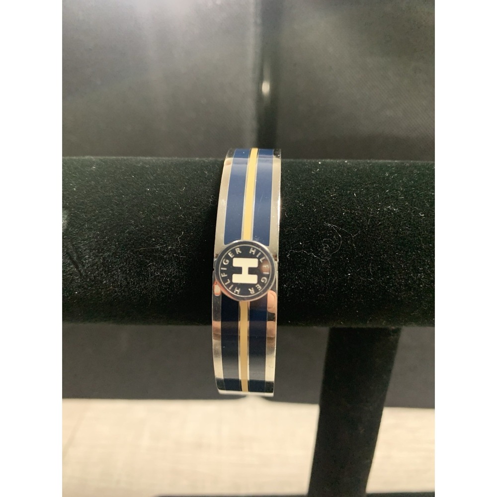 Tommy Hilfiger Stainless Steel‎ Blue Striped Pattern Hinged Lock Bangle Bracelet
